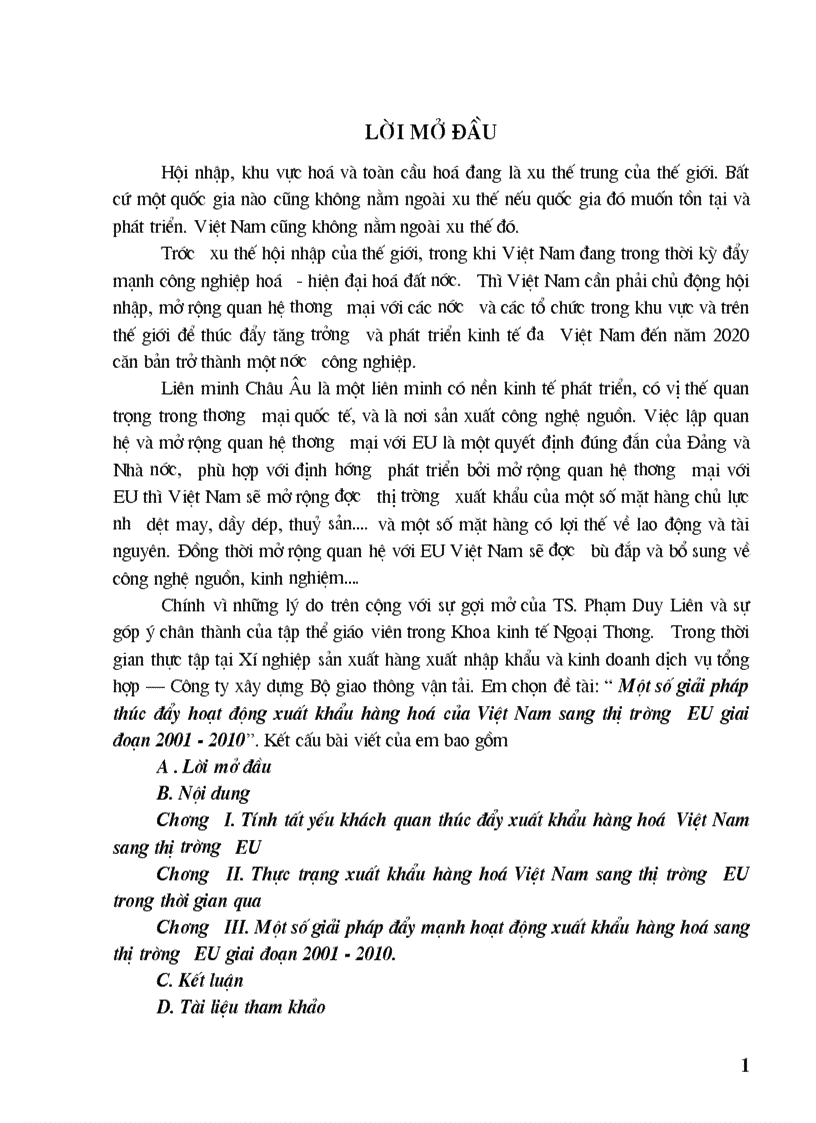 Một số giải pháp thúc đẩy hoạt động xuất khẩu hàng hoá của Việt Nam sang thị trường EU giai đoạn 2001 2010 1