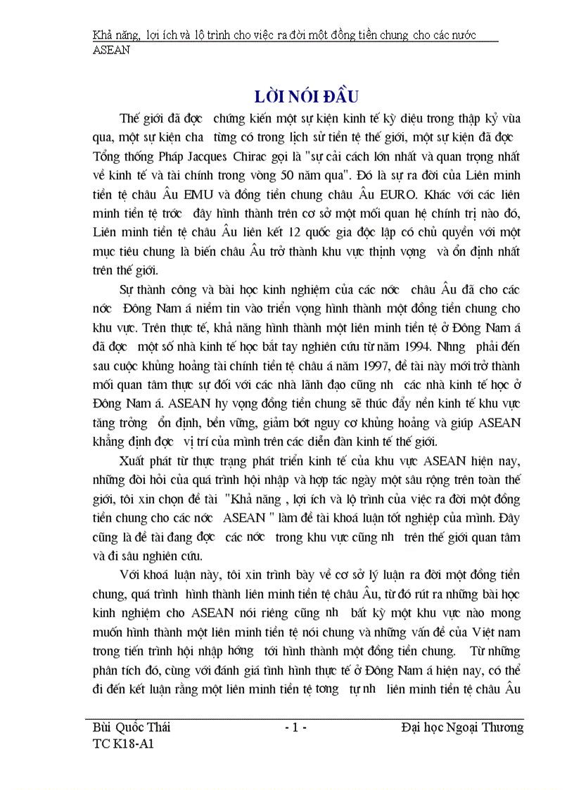 Khả năng lợi ích và lộ trình của việc ra đời một đồng tiền chung cho các nước ASEAN