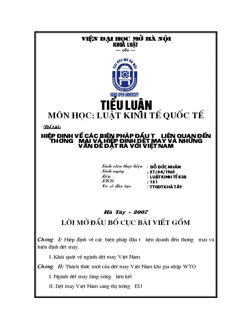 Hiệp định về các biện pháp đầu tư liên quan đến thương mại và hiệp định dệt may và những vấn đề đặt ra với Việt Nam