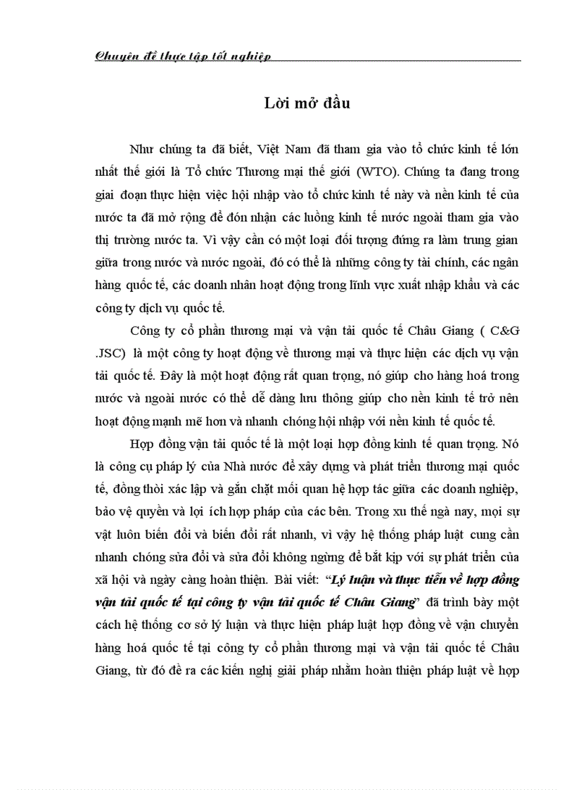 Lý luận và thực tiễn về hợp đồng vận tải quốc tế tại công ty vận tải quốc tế Châu Giang 1