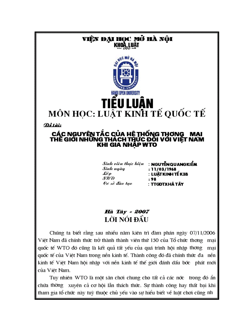 Các nguyên tắc của hệ thống thương mại thế giới những thách thức đối với Việt Nam khi gia nhập wto