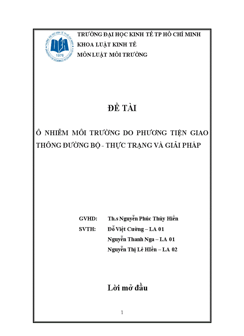 Ônhiễm môi trường do phương tiện giao thông đường bộ thực trạng và giải pháp