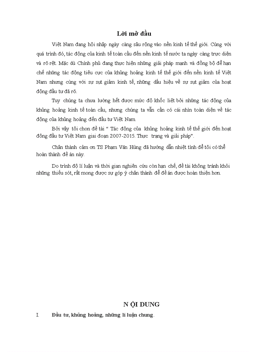 Tác động của khủng hoảng kinh tế thế giới đến hoạt đông đầu tư Việt Nam giai đoạn 2007 2015 Thực trạng và giải pháp 1