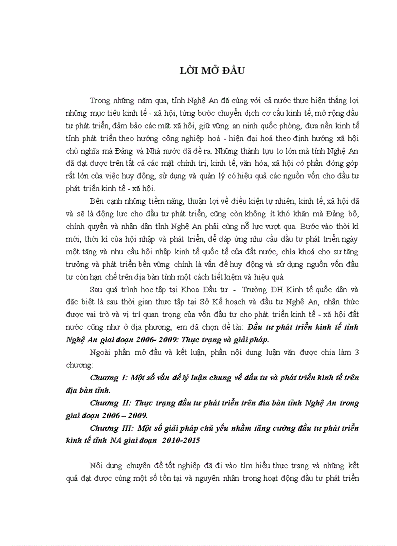 Đầu tư phát triển kinh tế tỉnh Nghệ An giai đoạn 2006 2009 Thực trạng và giải pháp
