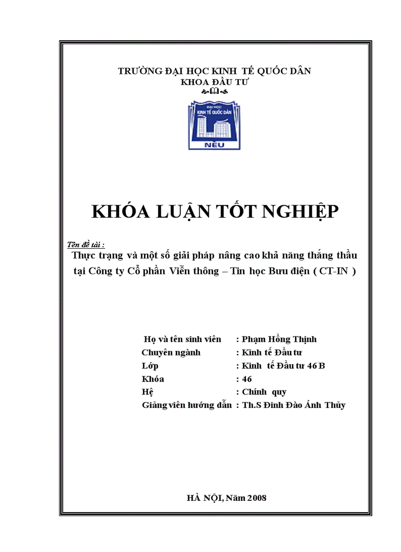 Thực trạng và một số giải pháp nâng cao khả năng thắng thầu tại Công ty Cổ phần Viễn thông Tin học Bưu điện CT IN