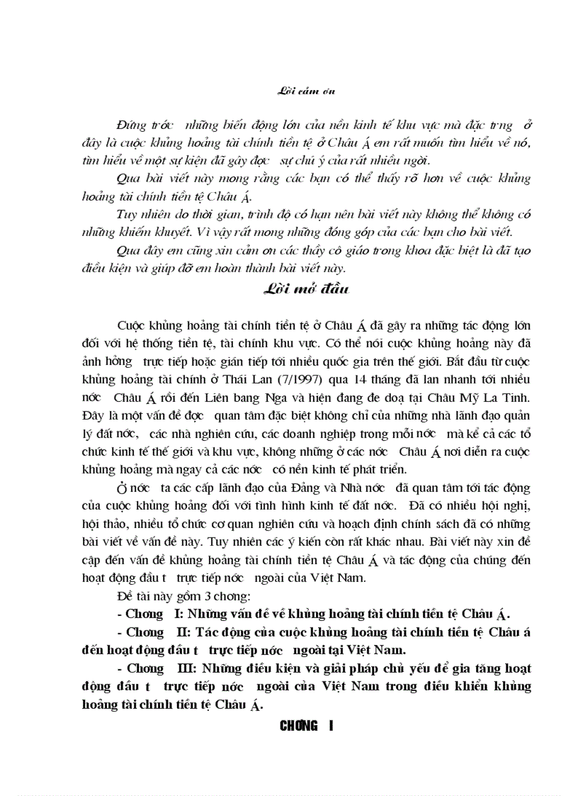 Những điều kiện và giải pháp chủ yếu để gia tăng hoạt động đầu tư trực tiếp nước ngoài của Việt Nam trong điều khiển khủng hoảng tài chính tiền tệ Châu á 1