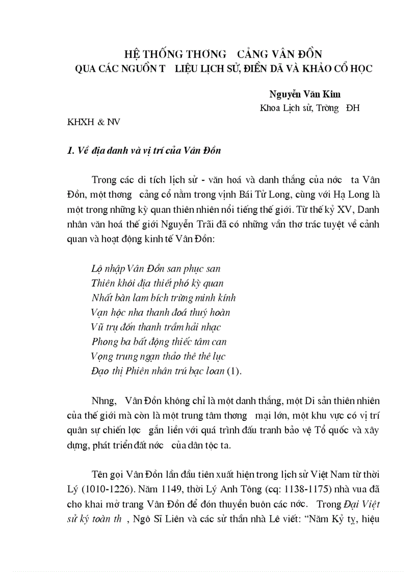 Hệ thống thương cảng Vân Đồn qua các nguồn tư liệu lịch sử đền Dã và khảo cổ học