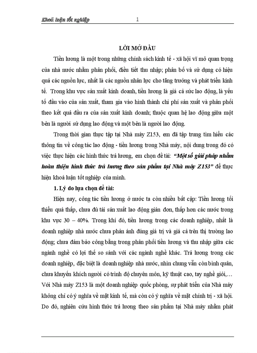 Một số giải pháp nhằm hoàn thiện hình thức trả lương theo sản phẩm tại Nhà máy Z153