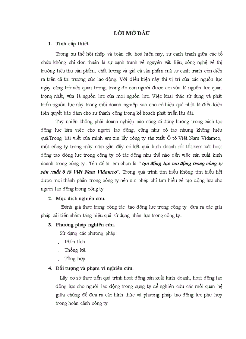 Một số giải pháp nhằm tạo động lực cho người lao động ở công ty VIDAMCO