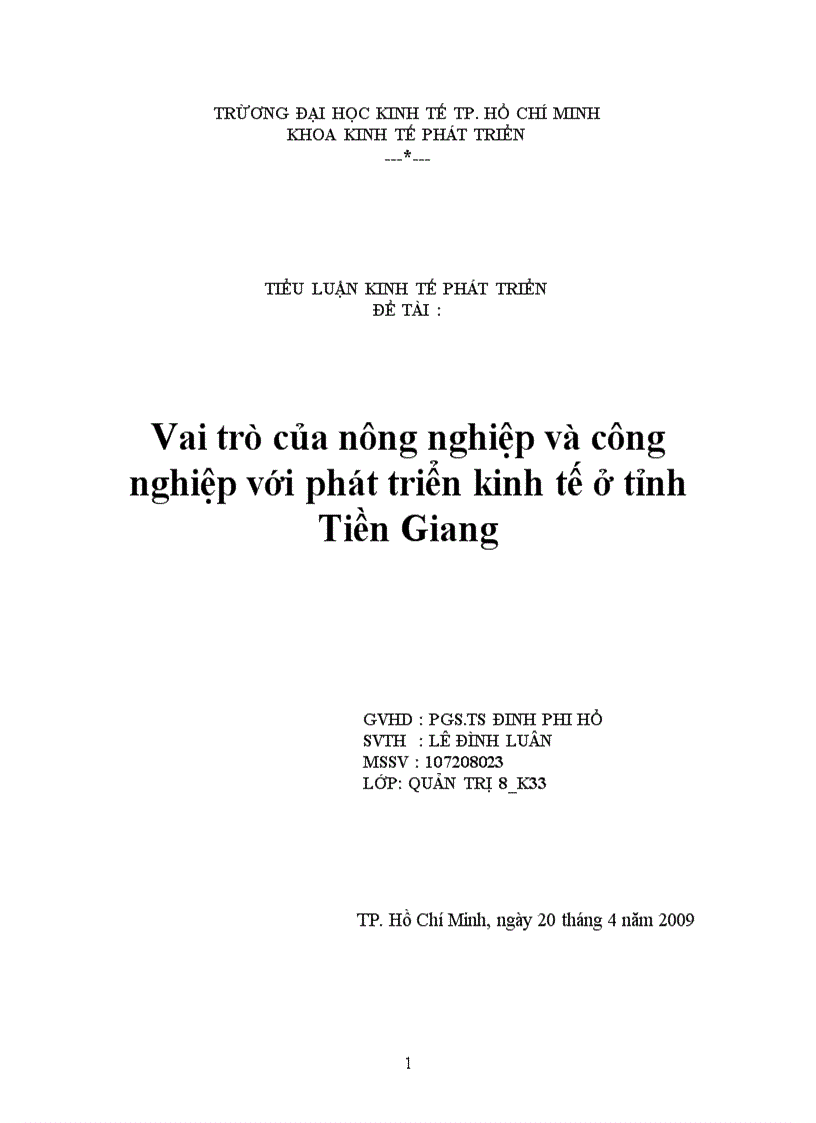 Vai trò của nông nghiệp và công nghiệp với phát triển kinh tế ở tỉnh Tiền Giang 1