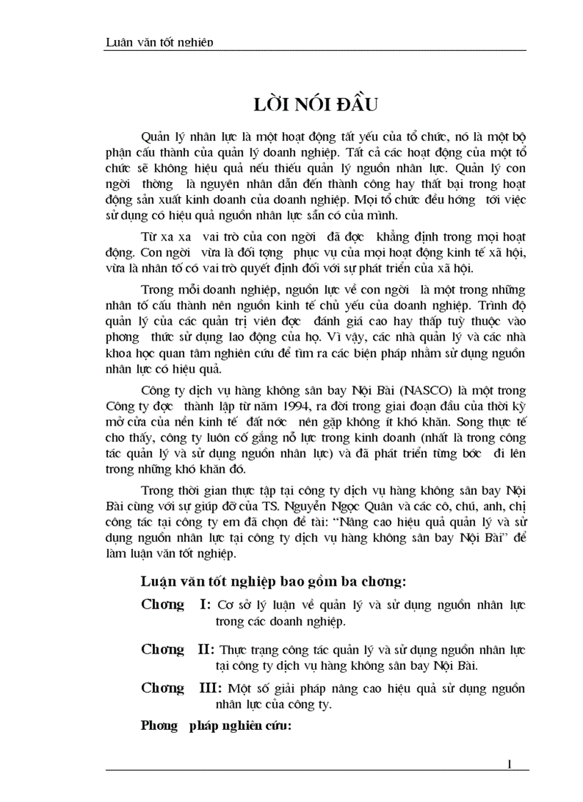 Nâng cao hiệu quả quản lý và sử dụng nguồn nhân lực tại công ty dịch vụ hàng không sân bay Nội Bài 1