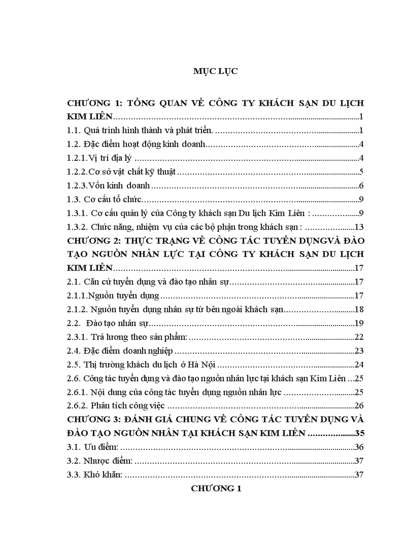 Thực trạng về công tác tuyển dụngvà đào tạo nguồn nhân lực tại công ty khách sạn du lịch kim liên 1