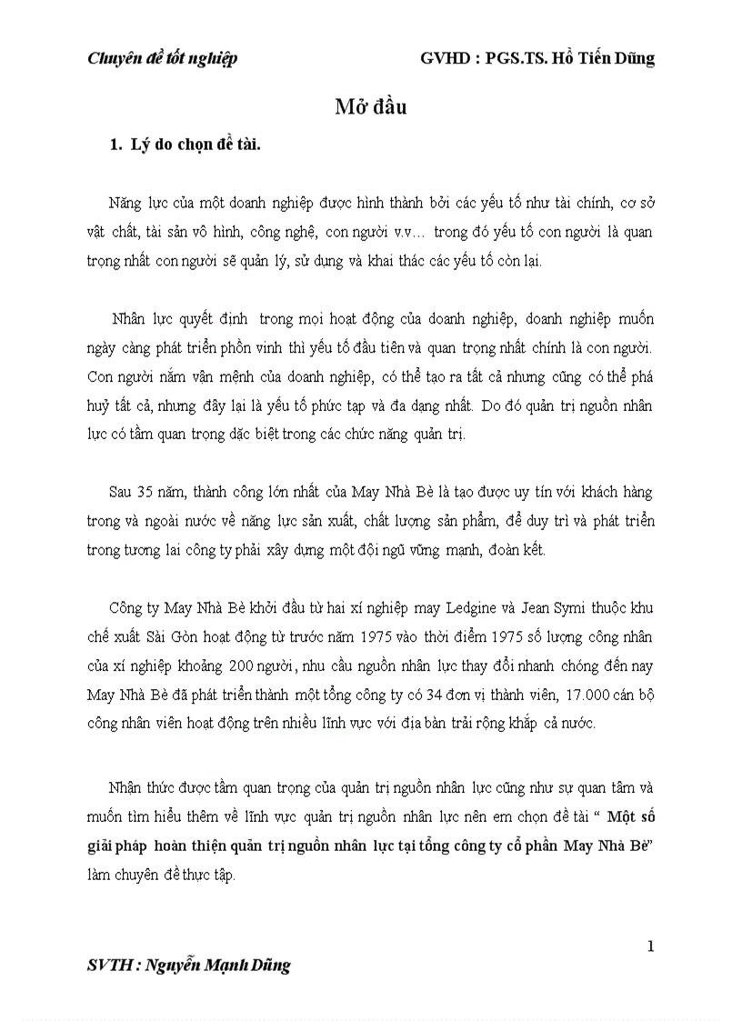 Một số giải pháp hoàn thiện quản trị nguồn nhân lực tại công ty cổ phần may Nhà Bè 1
