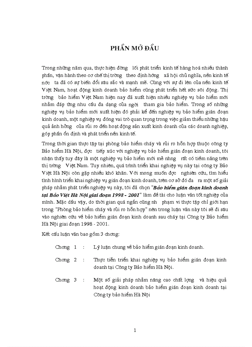 Bảo hiểm gián đoạn kinh doanh tại Bảo Việt Hà Nội giai đoạn 1998 200 1