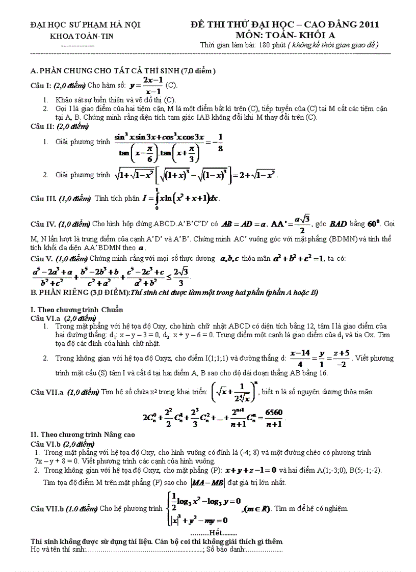 Đề thi thử Đại học Cao đẳng 2011 môn Toán