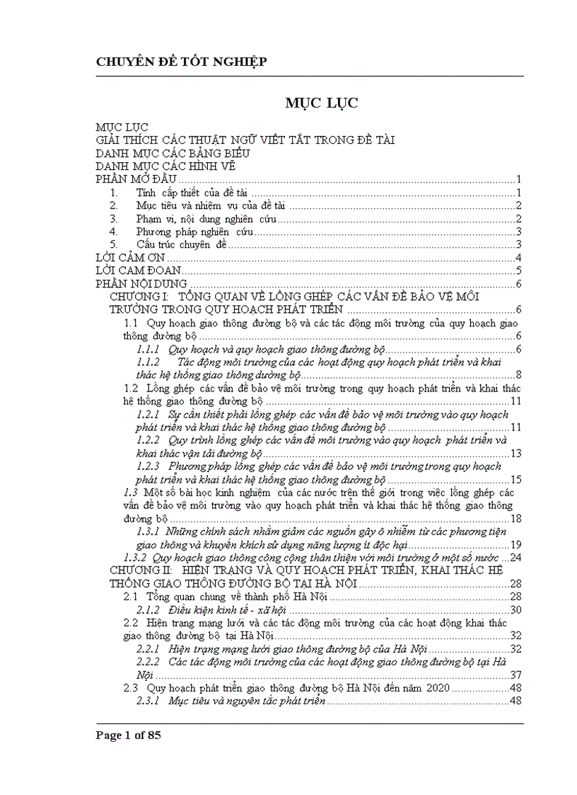 Lồng ghép các vấn đề bảo vệ môi trường trong quy hoạch phát triển và khai thác hệ thống giao thông đường bộ tại Hà Nội giai đoạn 2010 2020