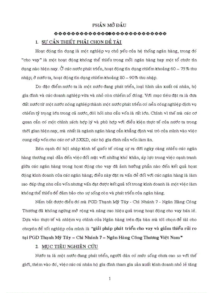 Giải pháp phát triển cho vay và giảm thiểu rủi ro tại PGD Thạnh Mỹ Tây Chi Nhánh 7 Ngân Hàng Công Thương Việt Nam