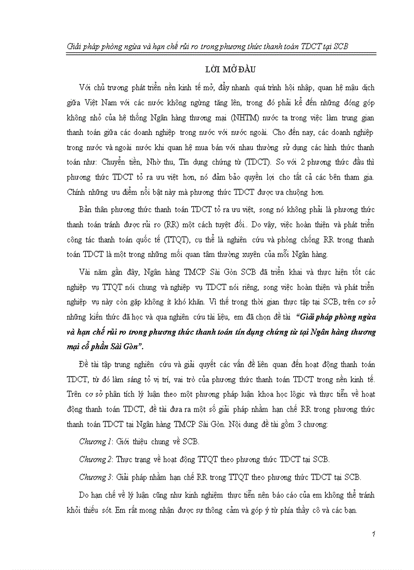 Giải pháp phòng ngừa và hạn chế rủi ro trong phương thức thanh toán tín dụng chứng từ tại Ngân hàng thương mại cổ phần Sài Gòn