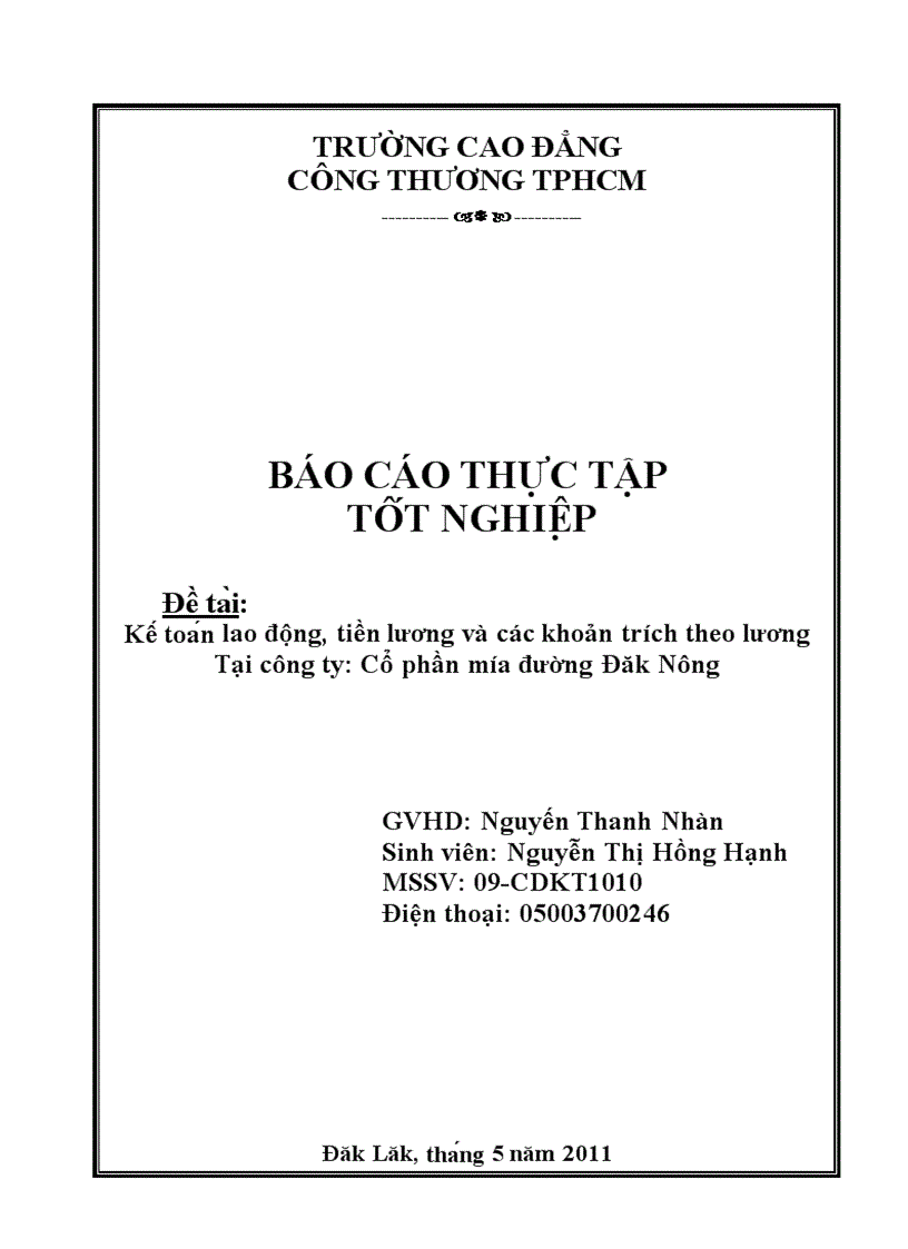 Kế toán lao động tiền lương và các khoản trích theo lương Tại công ty Cổ phần mía đường Đăk Nông