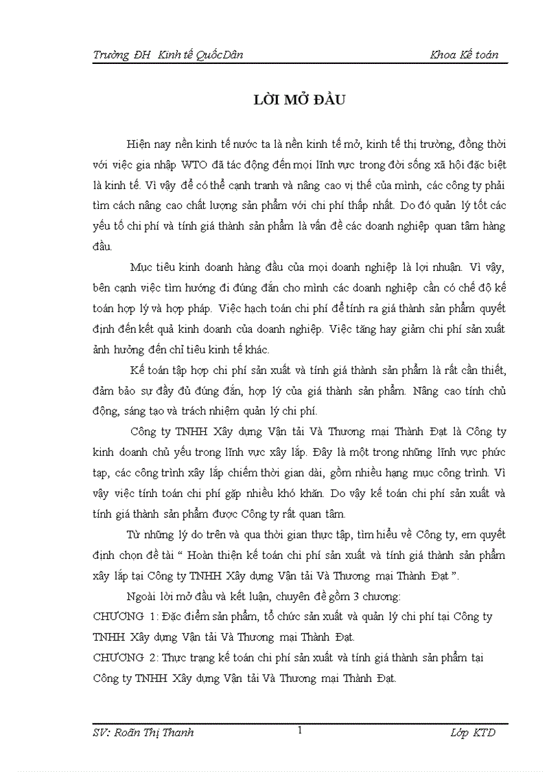 Hoàn thiện kế toán chi phí sản xuất và tính giá thành sản phẩm xây lắp tại Công ty TNHH Xây dựng Vận tải Và Thương mại Thành Đạt