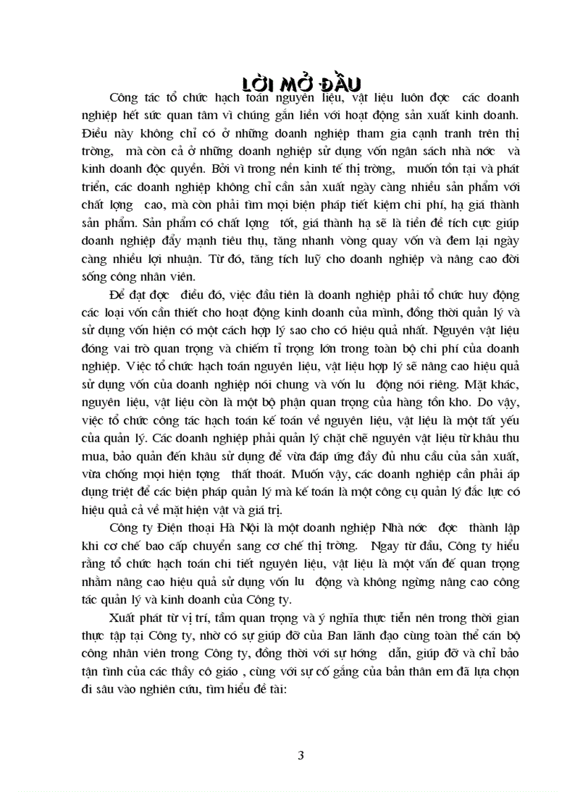 Hạch toán chi tiết nguyên liệu vật liệu với việc nâng cao hiệu quả sử dụng vốn lưu động trong sản xuất kinh doanh tại Công ty Điện thoại Hà Nội 1