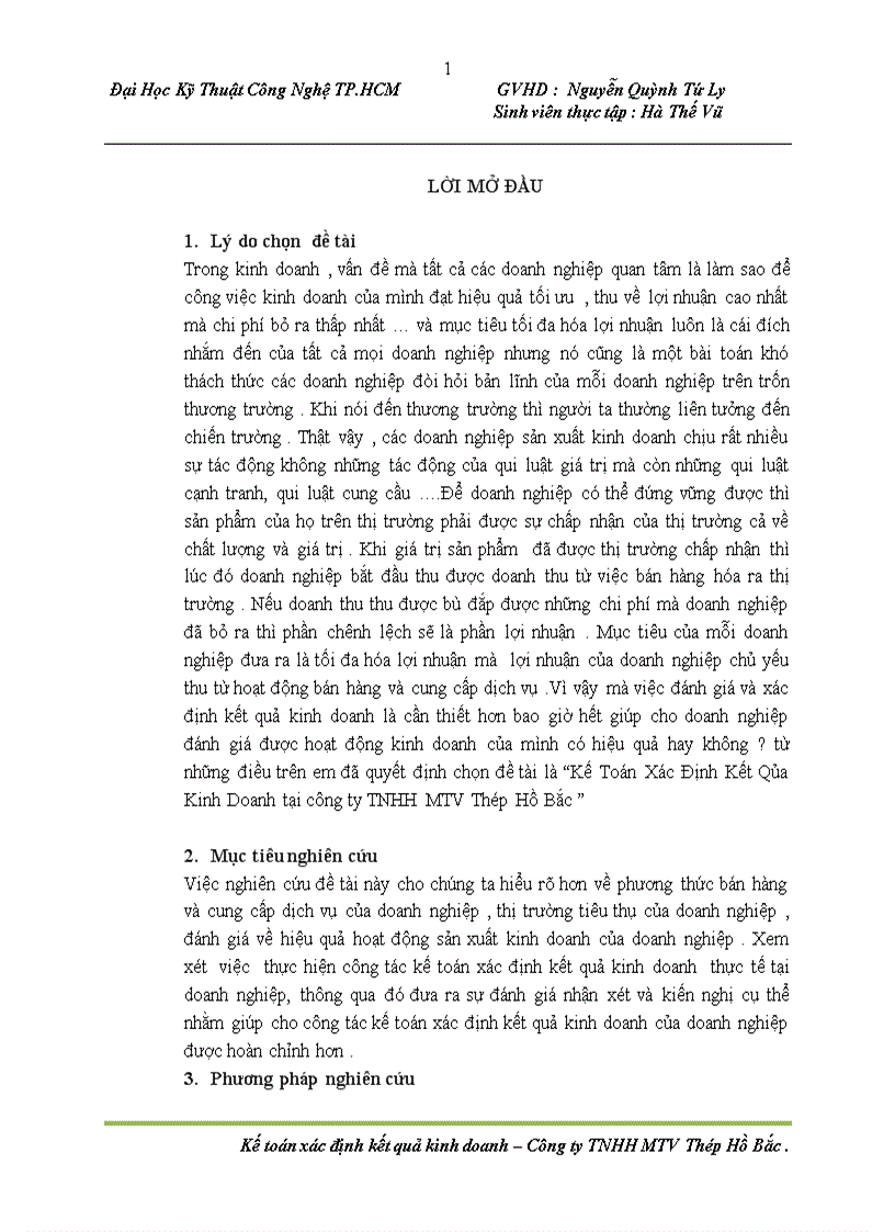 Kế Toán Xác Định Kết Qủa Kinh Doanh tại công ty TNHH MTV Thép Hồ Bắc