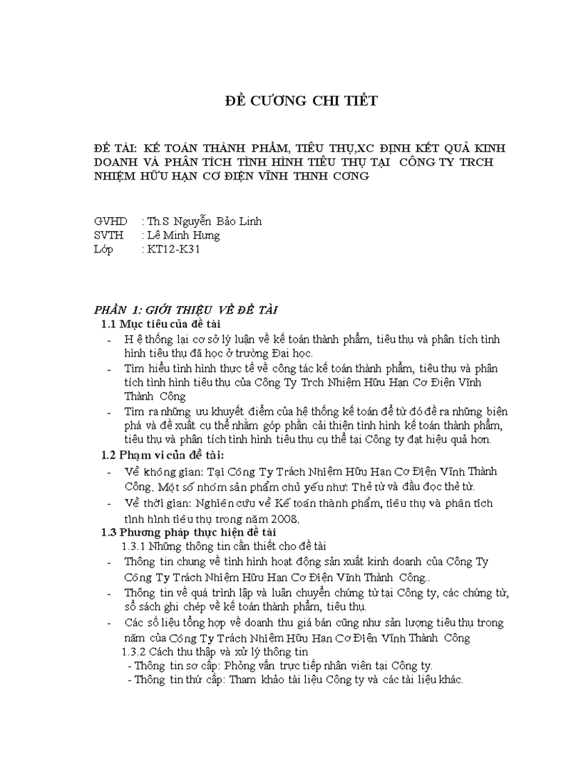 Kế toán thành phẩm tiêu thụ xc định kết quả kinh doanh và phân tích tình hình tiêu thụ tại công ty trch nhiệm hữu hạn cơ điện vĩnh thnh cơng