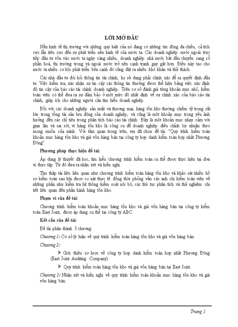 Quy trình kiểm toán khoản mục hàng tồn kho và giá vốn hàng bán tại công ty hợp danh kiểm toán hợp nhất Phương Đông 1