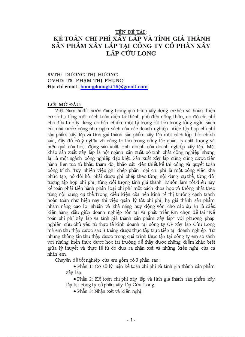 Kế toán chi phí xây lắp và tính giá thành sản phẩm xây lắp tại công ty cổ phần xây lắp cửu long