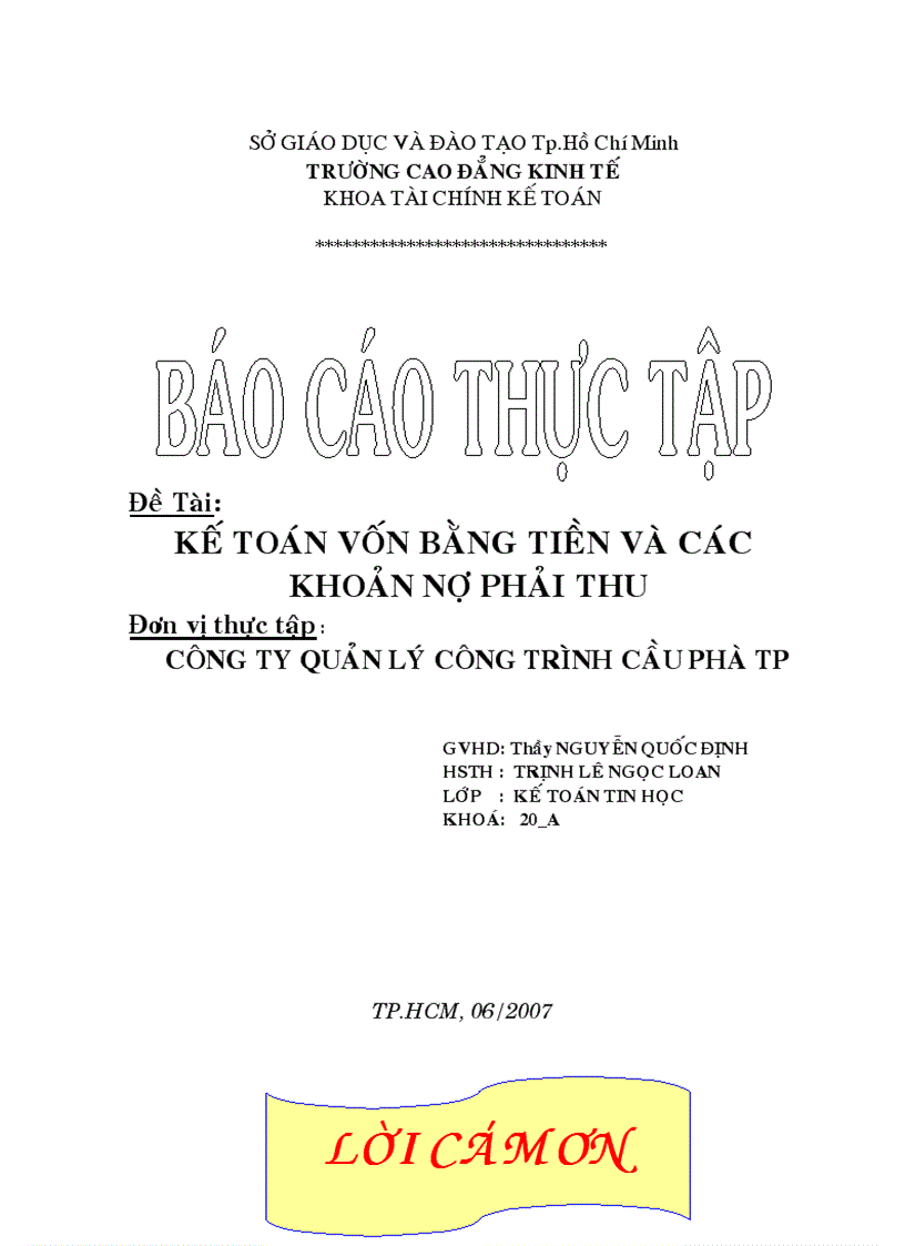 Kế toán vốn bằng tiền và các khoản nợ phải thu Công ty quản lý công trình cầu phà TP