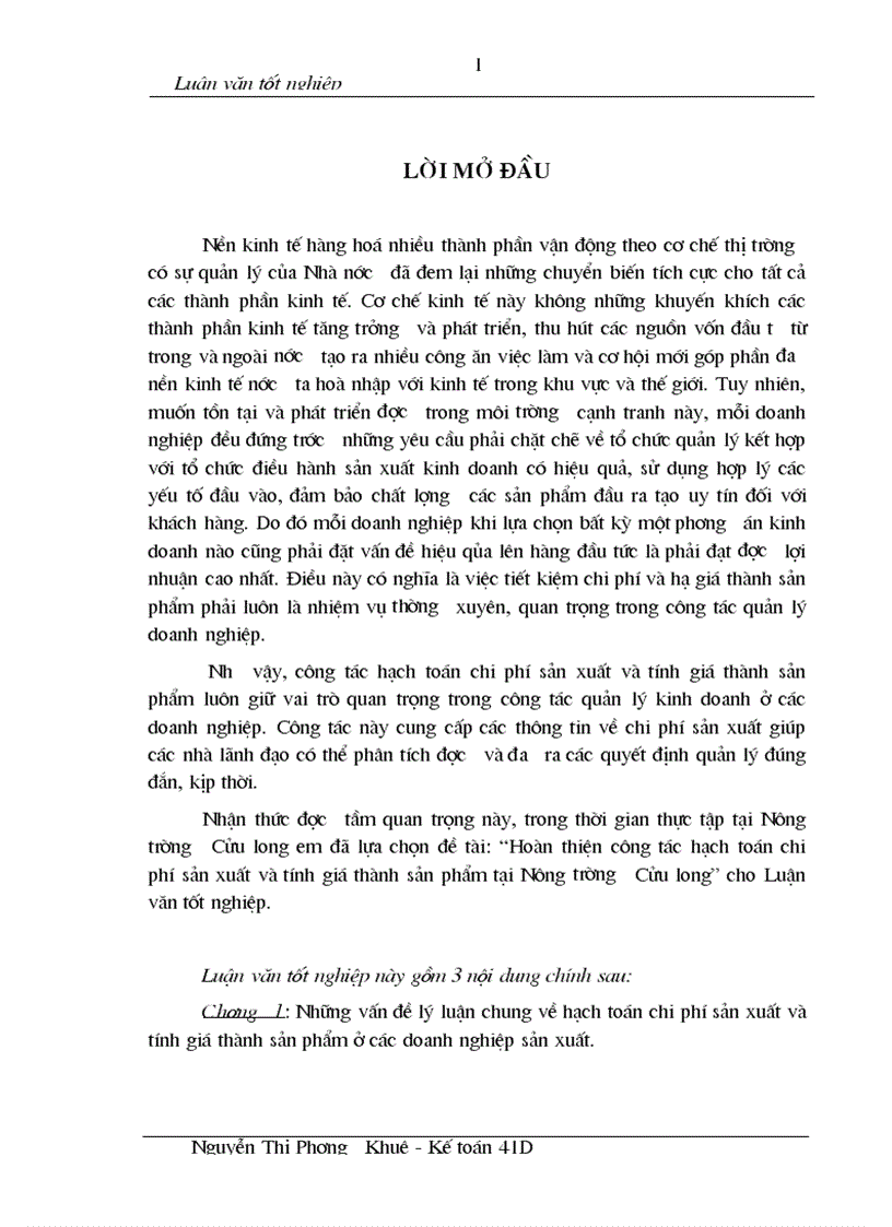 Hoàn thiện công tác hạch toán chi phí sản xuất và tính giá thành sản phẩm tại Nông trường Cửu long 1