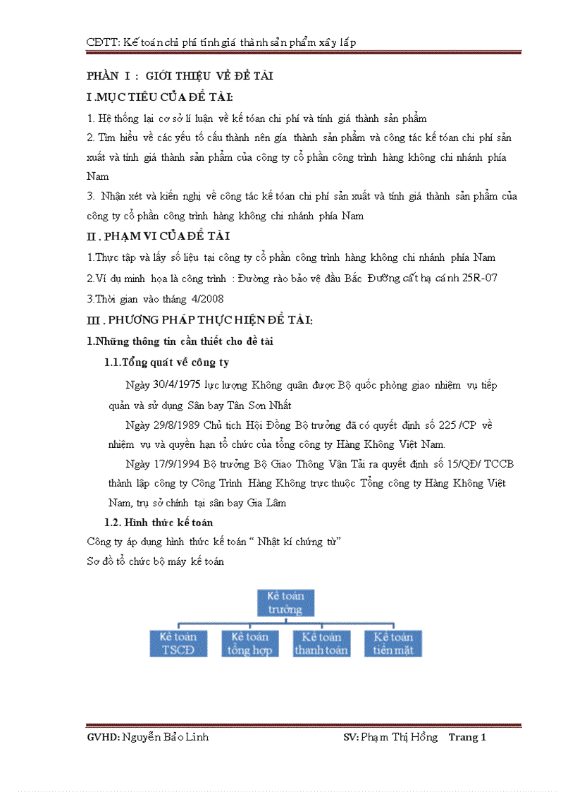 Kế tóan chi phí sản xuất và tính giá thành sản phẩm của công ty cổ phần công trình hàng không chi nhánh phía Nam