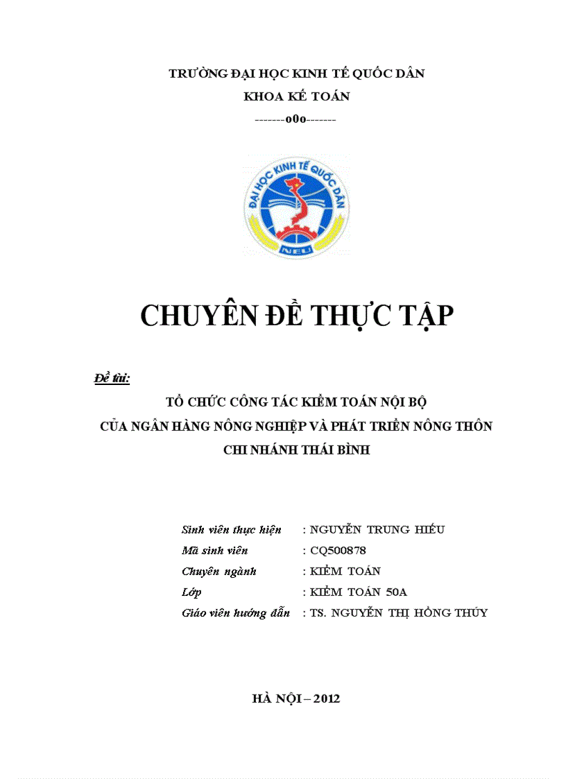 Tổ chức công tác kiểm toán nội bộ của ngân hàng nông nghiệp và phát triển nông thôn chi nhánh thái bình