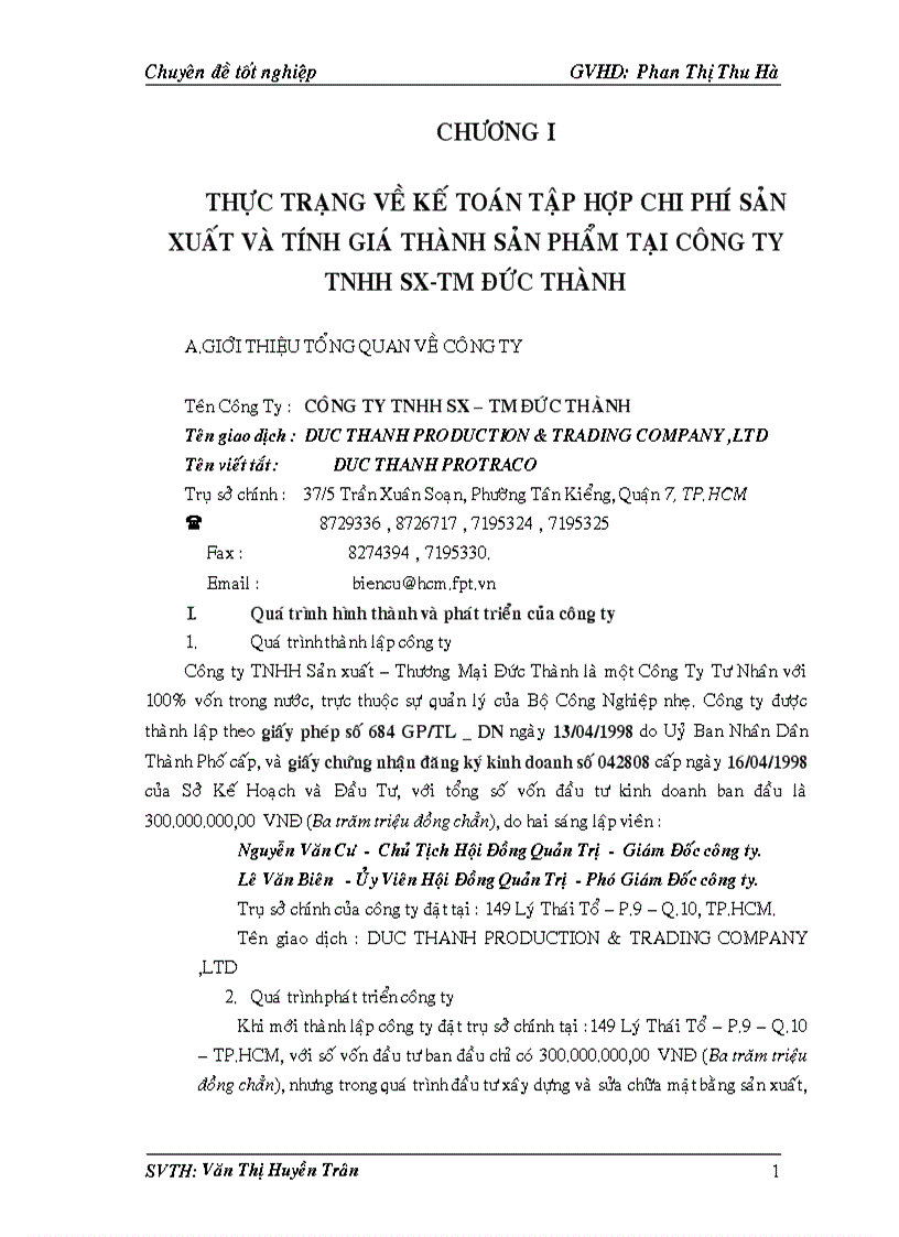 Thực trạng về kế toán tập hợp chi phí sản xuất và tính giá thành sản phẩm tại công ty tnhh sx tm ĐỨC THÀNH