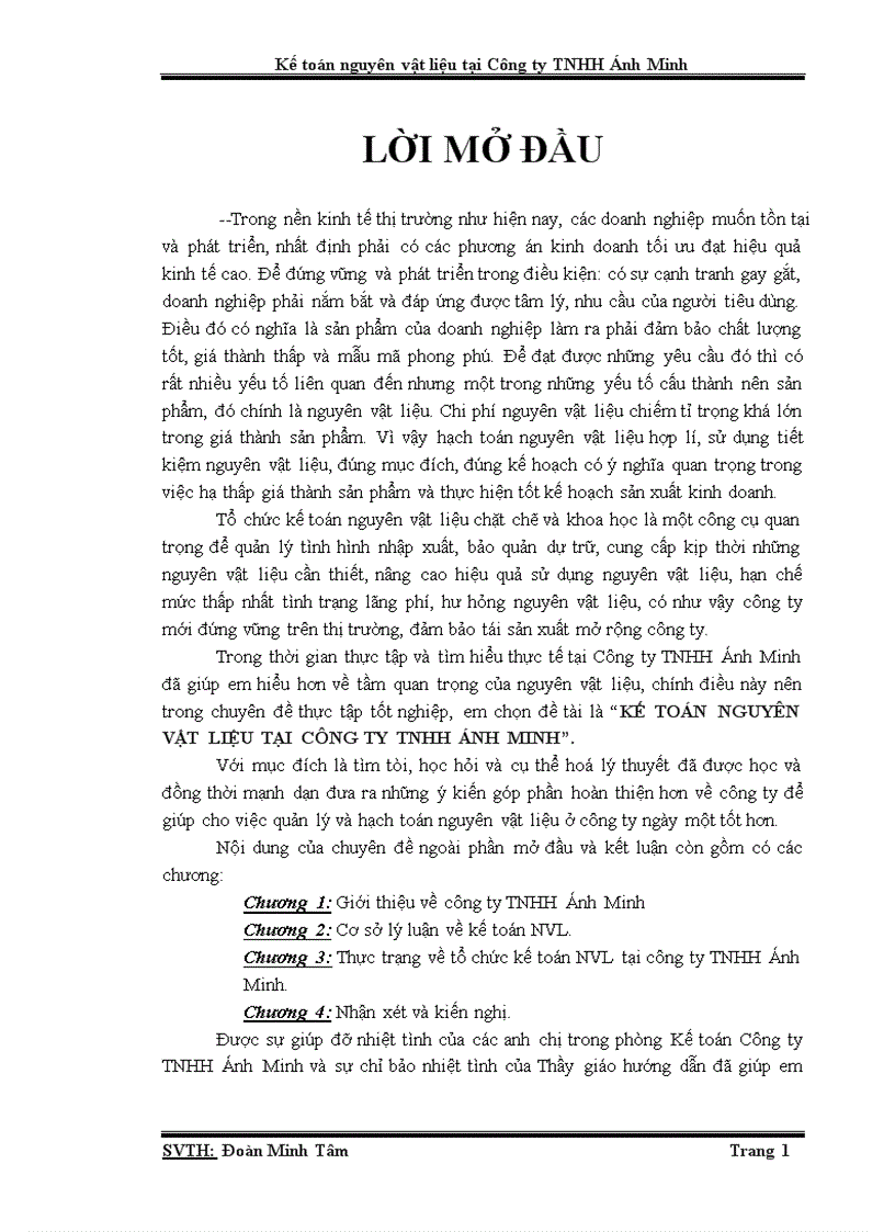 Kế toán nguyên vật liệu tại công ty tnhh ánh minh