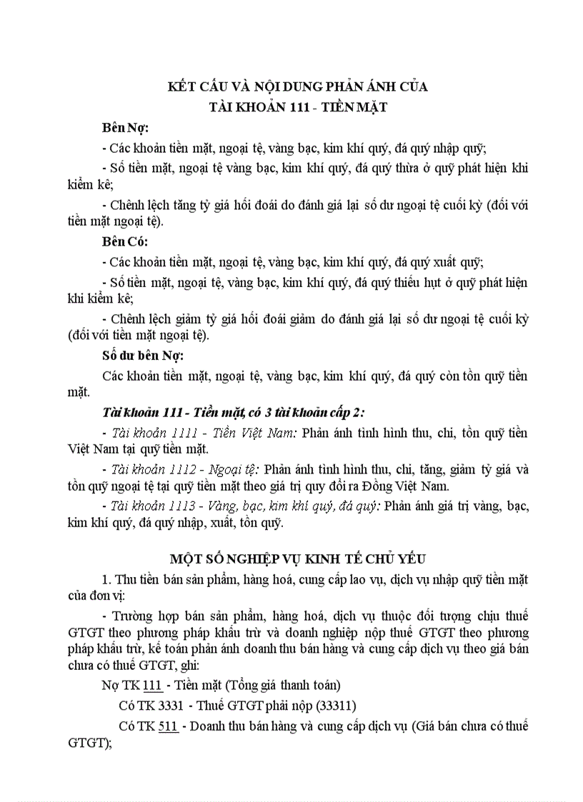 Kết cấu và nội dung phản ánh củatài khoản 111 tiền mặt và một số nghiệp vụ chủ yếu