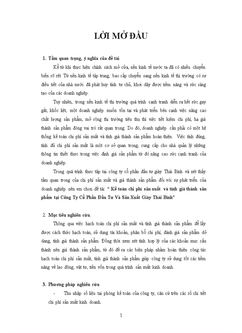 Kế toán chi phí sản xuất và tính giá thành sản phẩm tại Công Ty Cổ Phần Đầu Tư Và Sản Xuất Giày Thái Bình 1