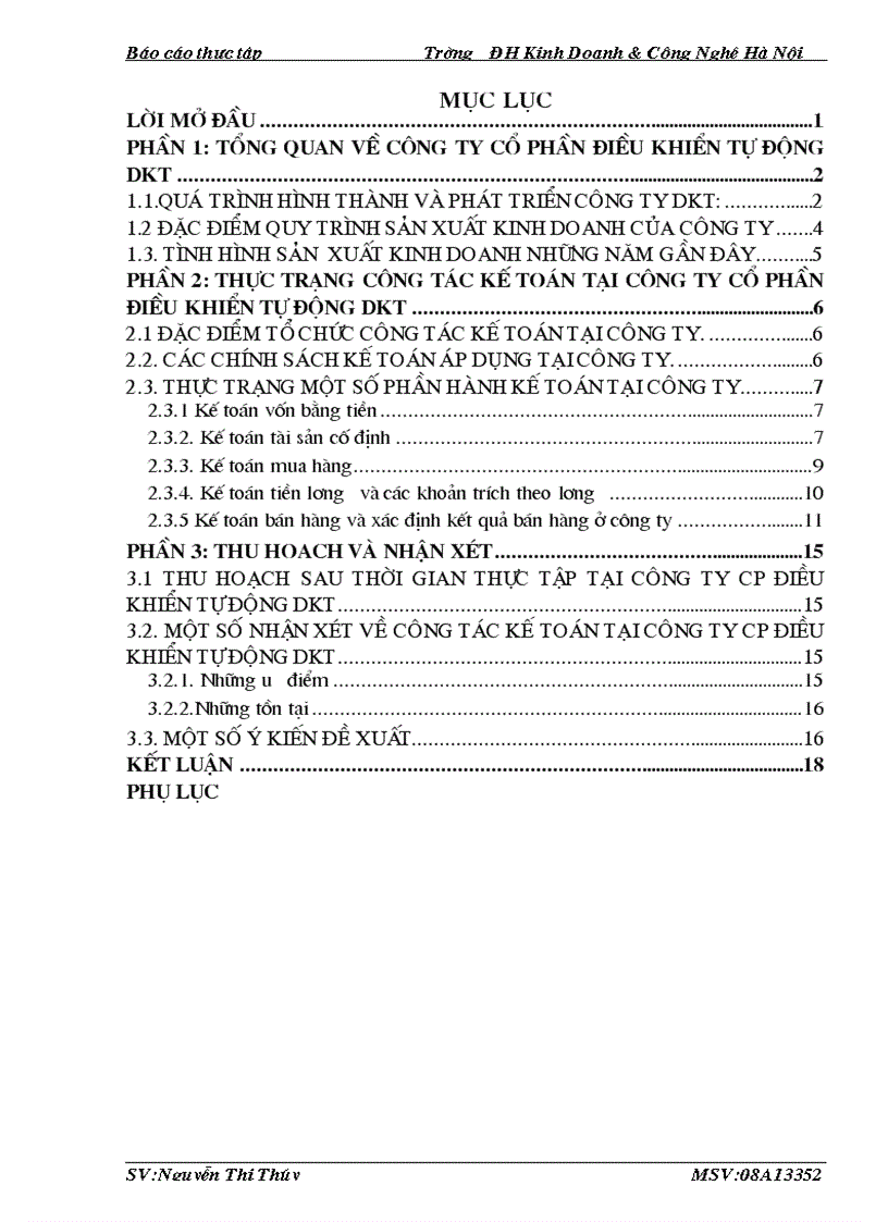 Thực trạng công tác kế toán tại công ty cổ phần điều khiển tự động dkt