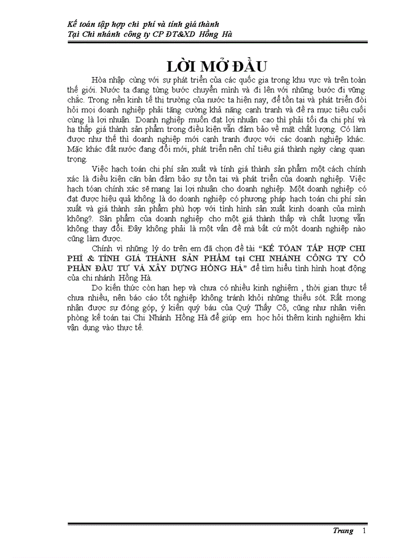 Kế tóan tấp hợp chi phí tính giá thành sản phẩm tại chi nhánh công ty cổ phần đầu tư và xây dựng HỒNG HÀ