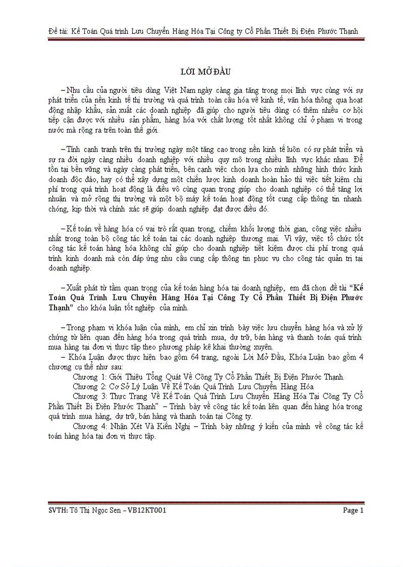 Kế Toán Quá Trình Lưu Chuyển Hàng Hóa Tại Công Ty Cổ Phần Thiết Bị Điện Phước Thạnh