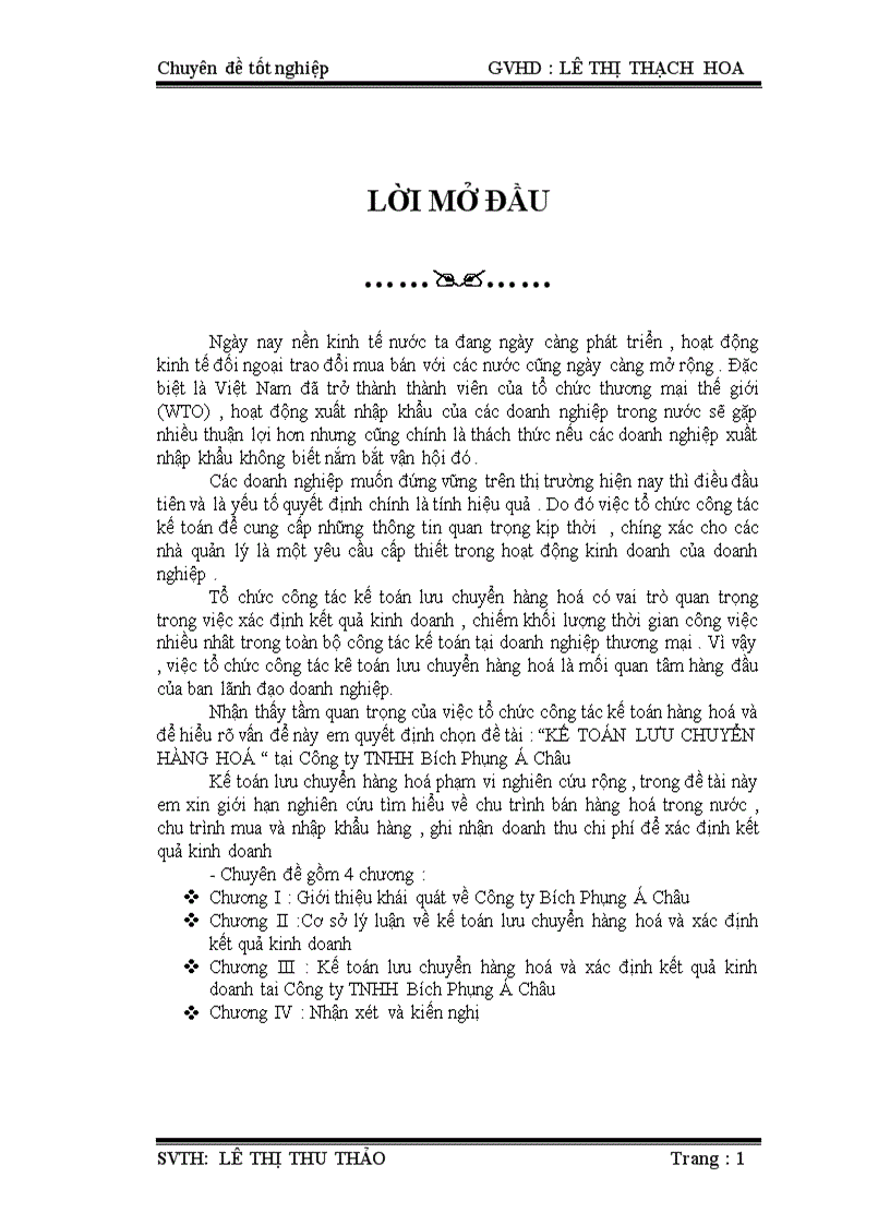KẾ TOÁN LƯU CHUYỂN HÀNG HOÁ tại Công ty TNHH Bích Phụng Á Châu