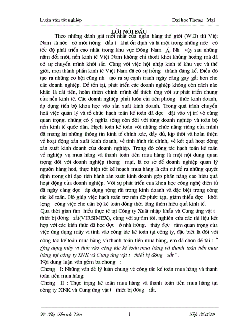 Ứng dụng máy vi tính vào công tác kế toán mua hàng và thanh toán tiền mua hàng tại công ty XNK và Cung ứng vật tư thiết bị đường sắt 1