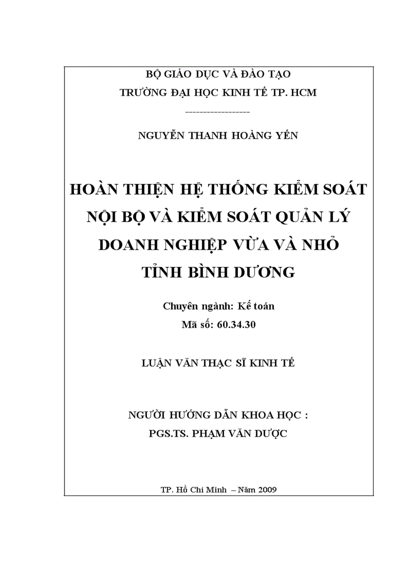 Hoàn thiện hệ thống kiểm soát nội bộ và kiểm soát quản lý doanh nghiệp vừa và nhỏ tỉnh Bình Dương