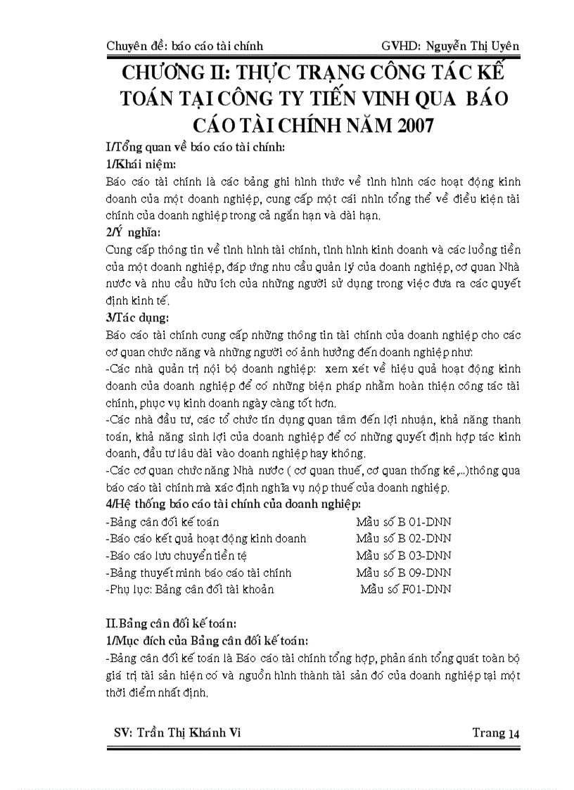 Công tác kế toán tại công ty Tiến Vinh qua báo cáo tài chính năm 2007