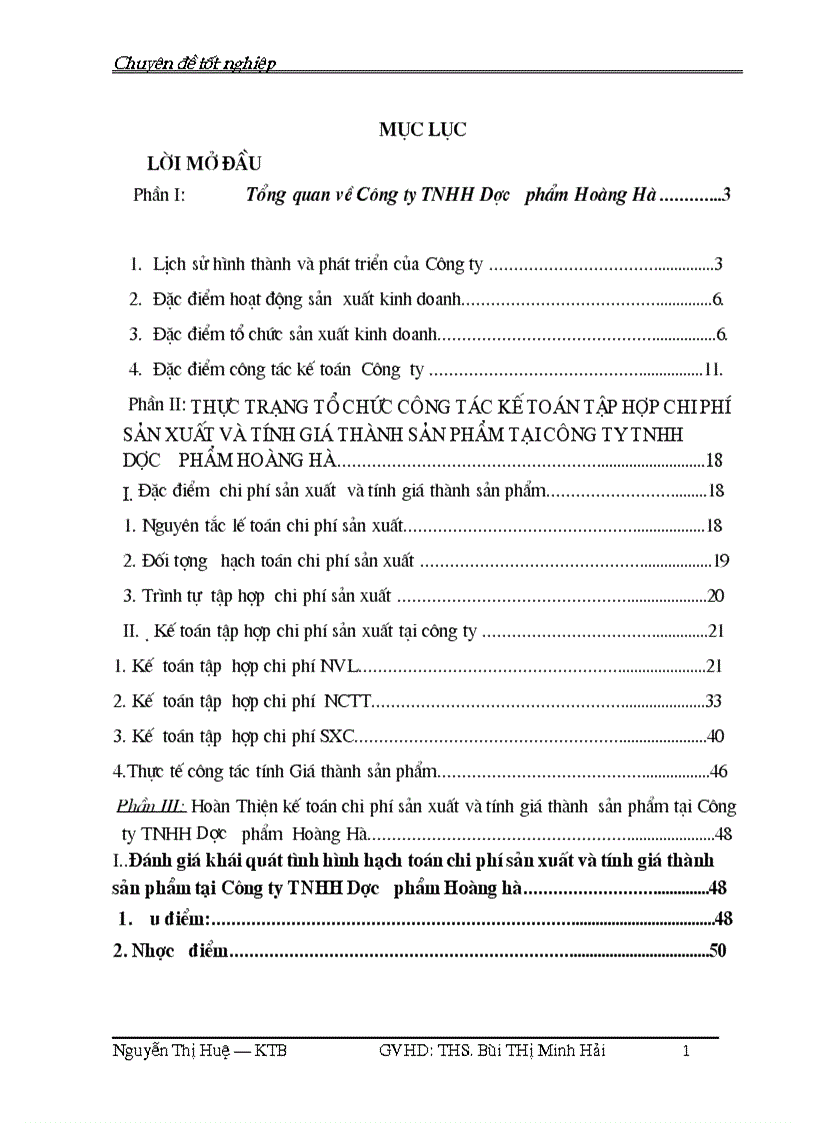 Hoàn Thiện kế toán tập hợp chi phí sản xuất và tính giá thành sản phẩm tại Công ty TNHH Dược Phẩm Hoàng H