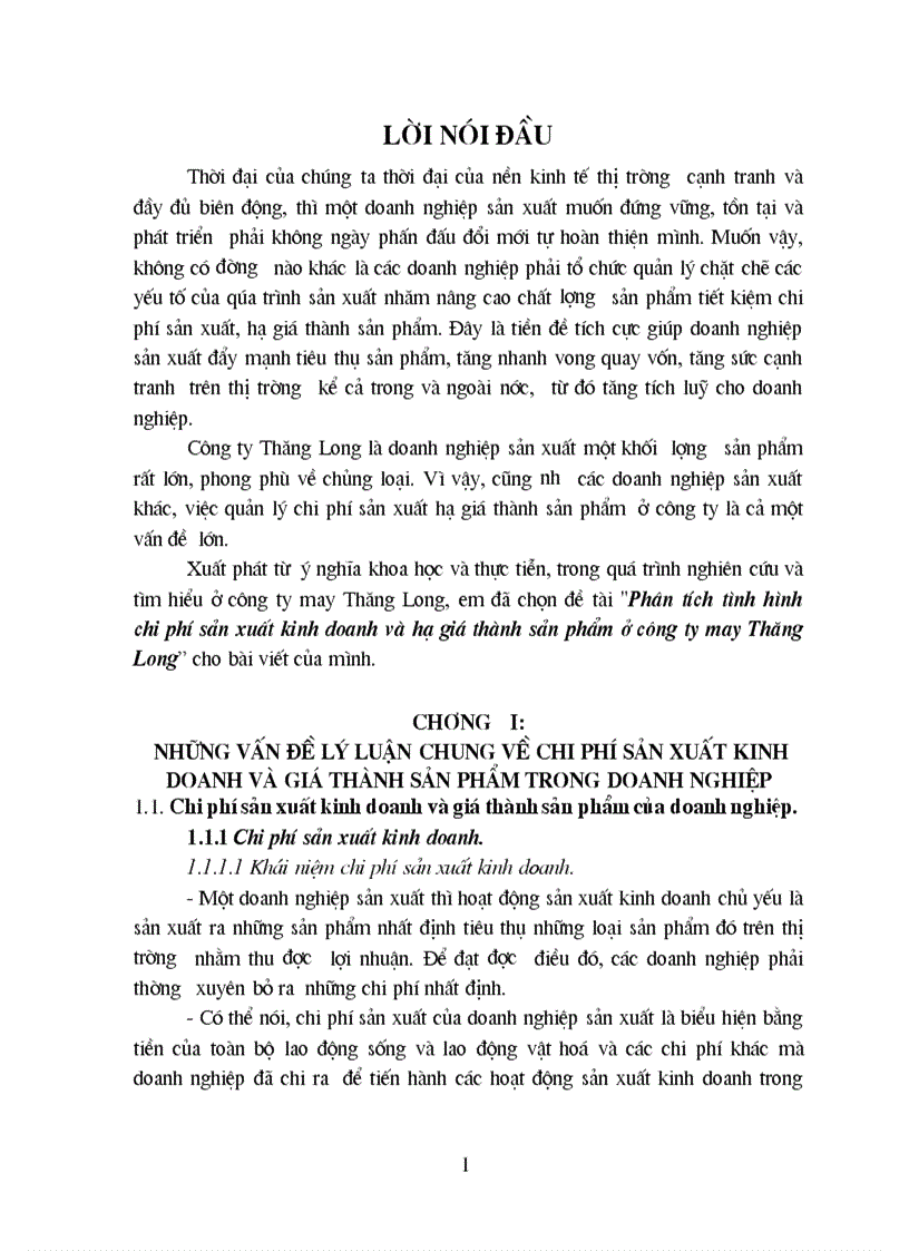 Phân tích tình hình chi phí sản xuất kinh doanh và hạ giá thành sản phẩm ở công ty may Thăng Long 1