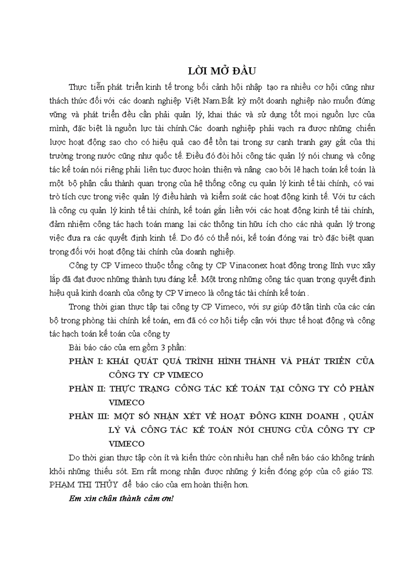 Thực trạng công tác kế toán tại công ty cổ phần vimeco 1