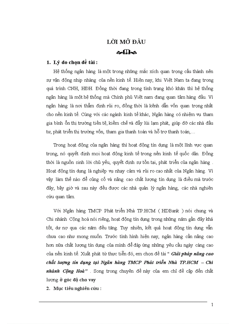 Giải pháp nâng cao chất lượng tín dụng tại Ngân hàng TMCP Phát triển Nhà TP HCM Chi nhánh Cộng Hoà