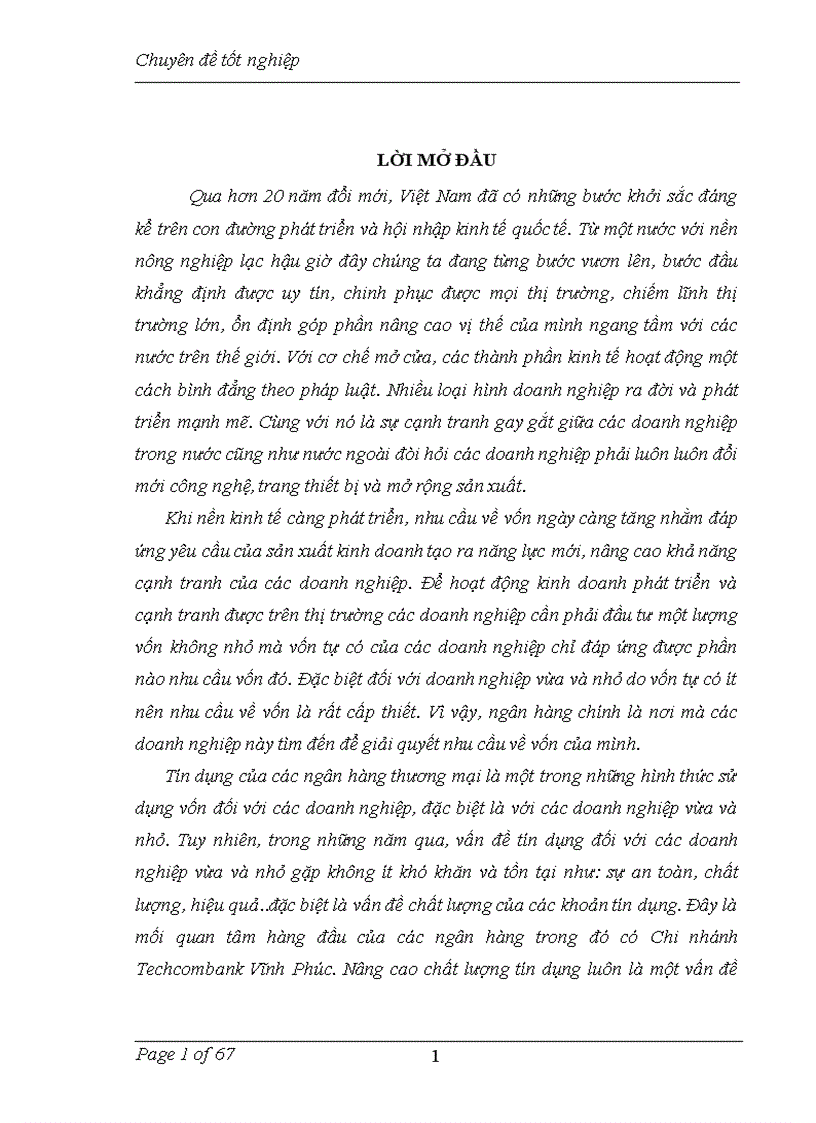 Giải pháp nâng cao chất lượng tín dụng đối với doanh nghiệp vừa và nhỏ tại chi nhánh Techcombank Vĩnh Phúc 1