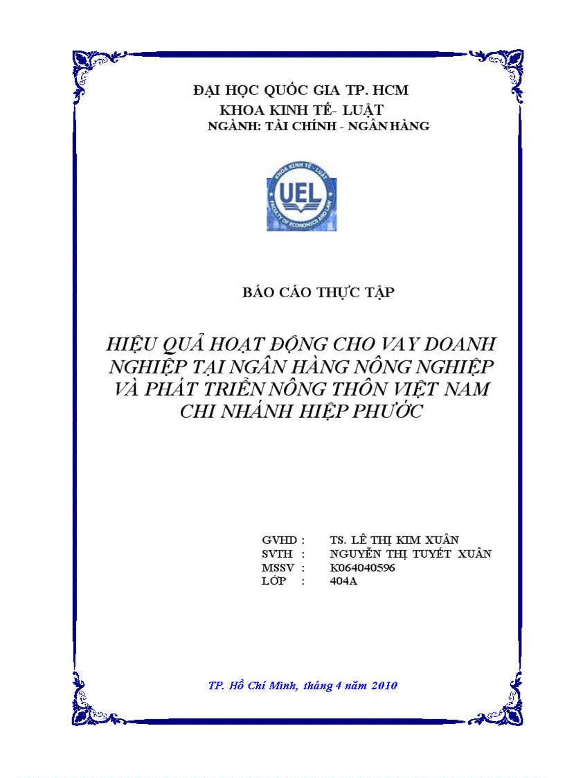 Hiệu quả hoạt động cho vay doanh nghiệp tại ngân hàng nông nghiệp và phát triển nông thôn việt nam chi nhánh HIỆP PHƯỚC